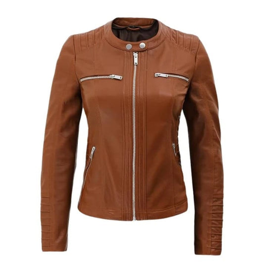 Women's Brown Genuine Leather Biker Jacket with Front Zipper and Detachable Hood