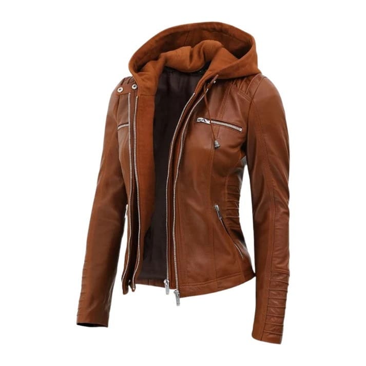 Women's Brown Genuine Leather Biker Jacket with Front Zipper and Detachable Hood