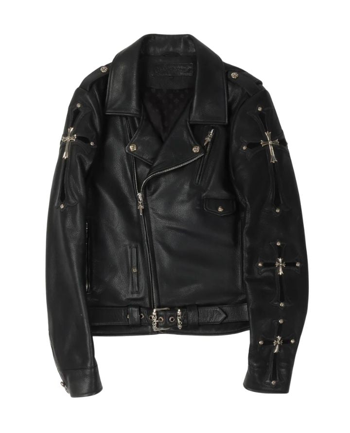 Chrome Hearts Leather Jacket Black With Cross Silver