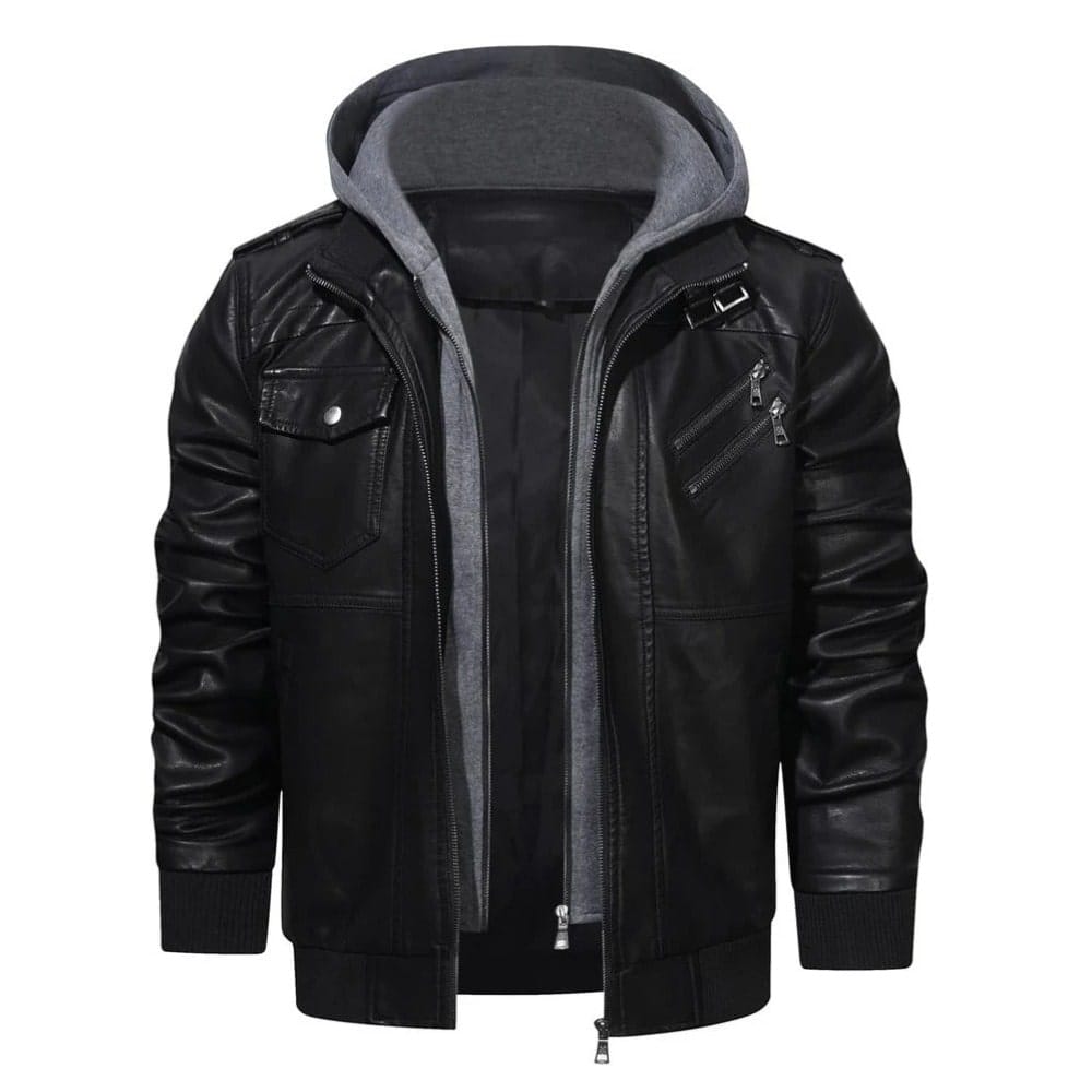 Men's Black Genuine Lambskin Leather Motorcycle Jacket with Detachable Hood