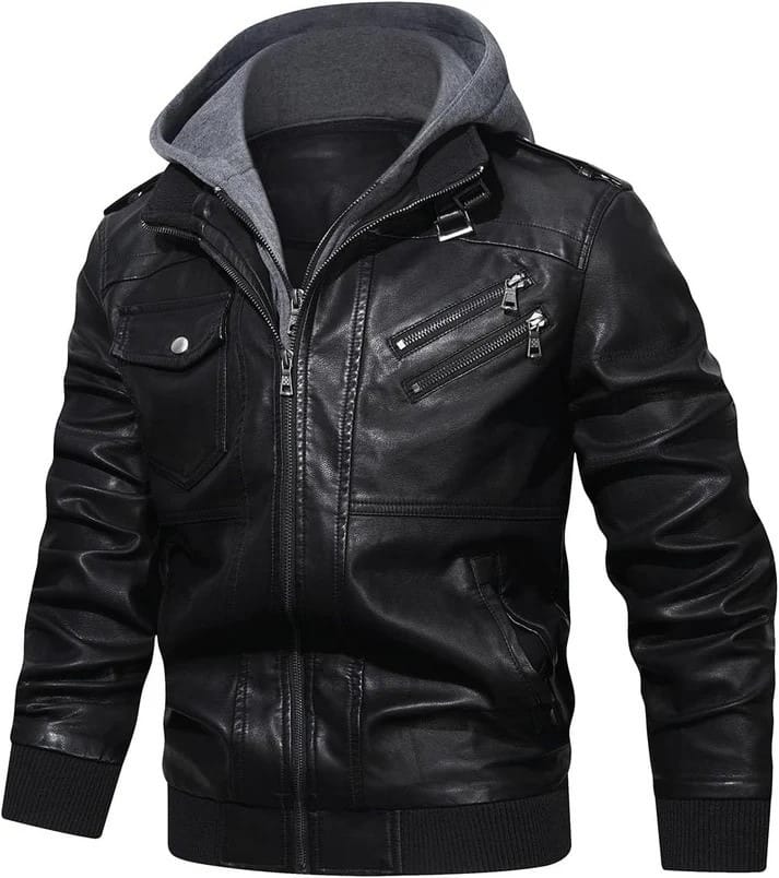 Men's Black Genuine Lambskin Leather Motorcycle Jacket with Detachable Hood