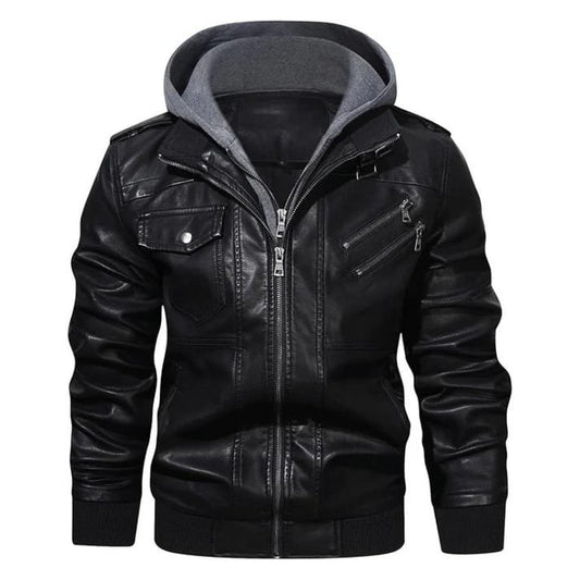 Men's Black Genuine Lambskin Leather Motorcycle Jacket with Detachable Hood