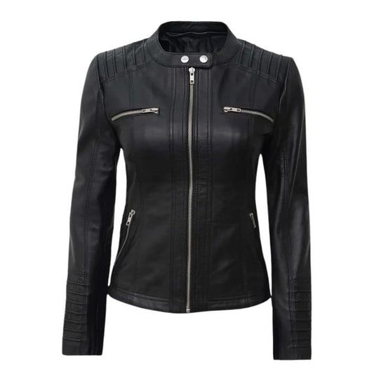 Women's Black Genuine Leather Biker Jacket with Removable Hood and Front Zipper