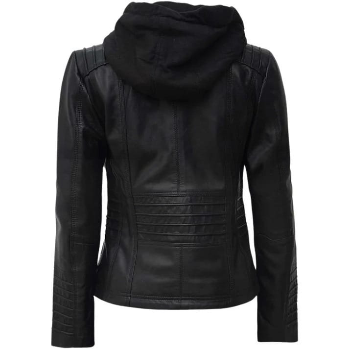 Women's Black Genuine Leather Biker Jacket with Removable Hood and Front Zipper