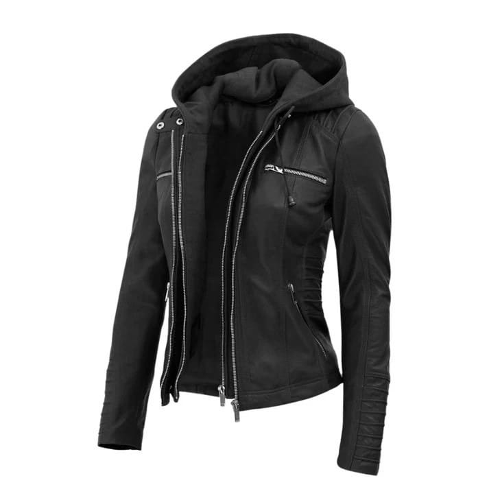 Women's Black Genuine Leather Biker Jacket with Removable Hood and Front Zipper