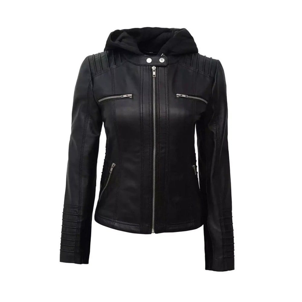 Women's Black Genuine Leather Biker Jacket with Removable Hood and Front Zipper