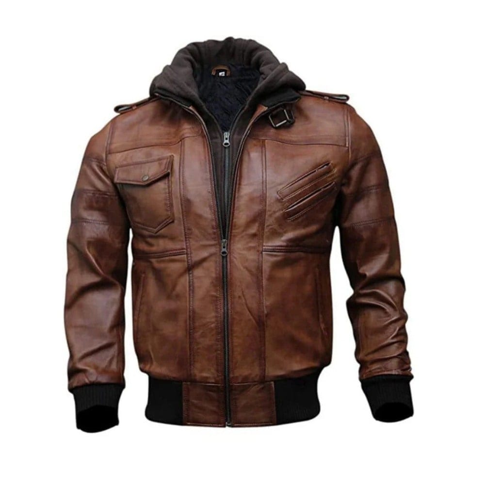 Men's Genuine Lambskin Leather Jacket with Detachable Hood – Brown