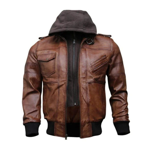 Men's Genuine Lambskin Leather Jacket with Detachable Hood – Brown