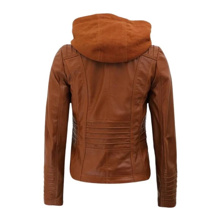 Women's Brown Genuine Leather Biker Jacket with Front Zipper and Detachable Hood