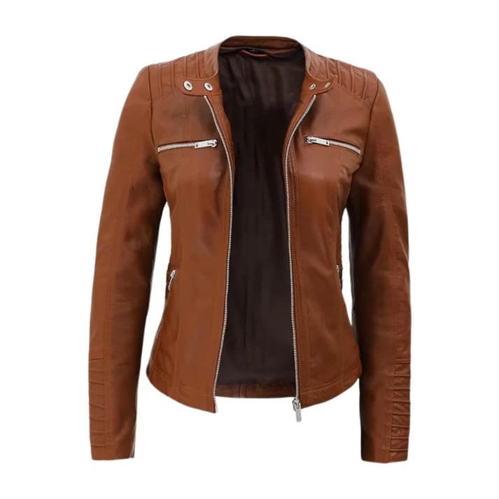 Women's Brown Genuine Leather Biker Jacket with Front Zipper and Detachable Hood
