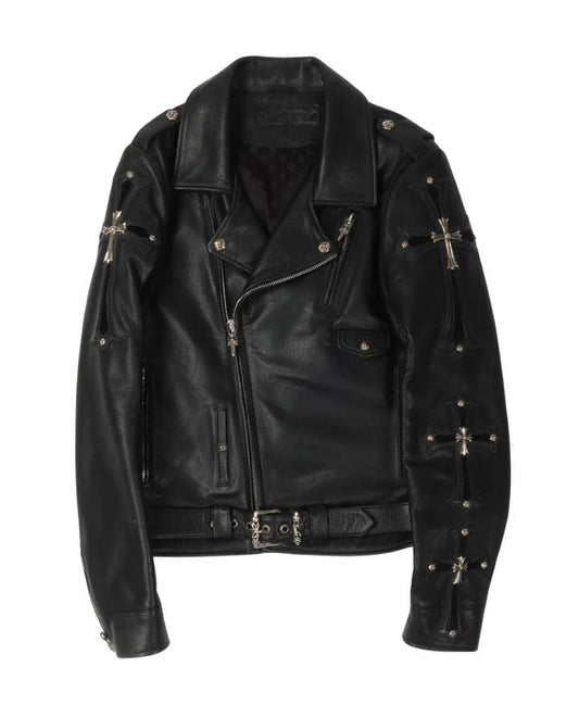 Chrome Hearts Leather Jacket Black With Cross Silver