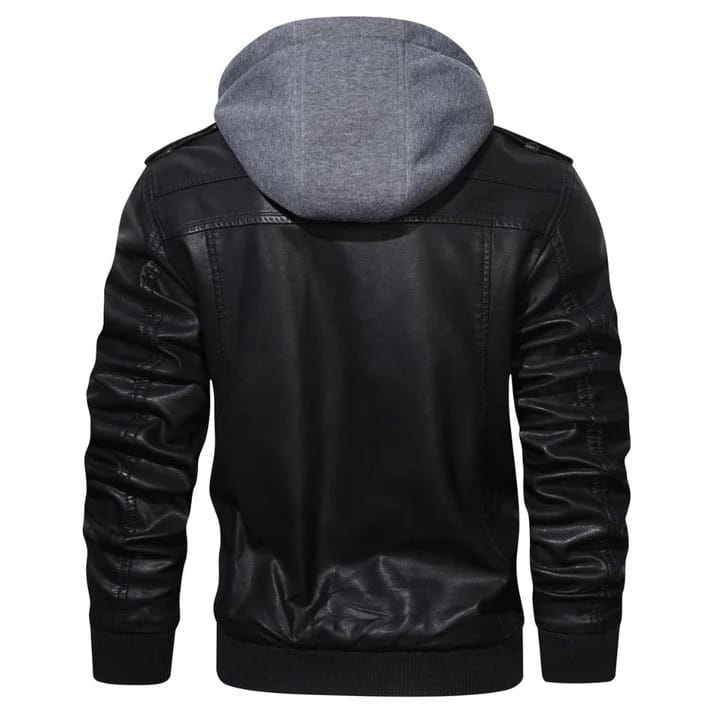 Men's Black Genuine Lambskin Leather Motorcycle Jacket with Detachable Hood